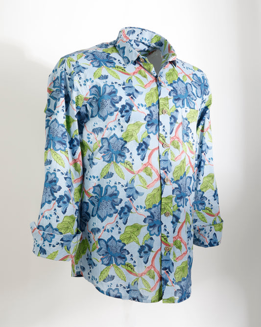 Azure Garden – Floral Cotton Shirt - Faboriq