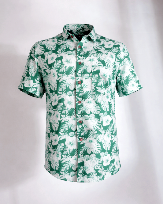 Verdant Bloom – Green Tropical Floral Cotton Shirt - Faboriq
