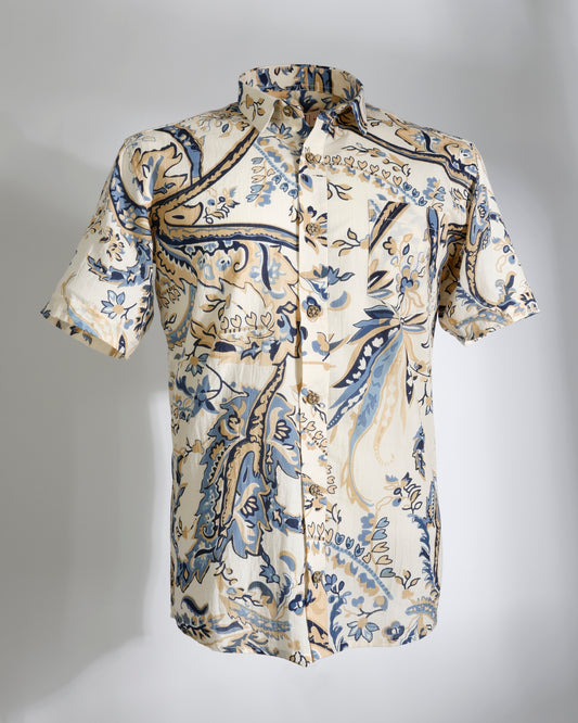 Ivory & Blue Paisley Print Cotton Shirt - Faboriq