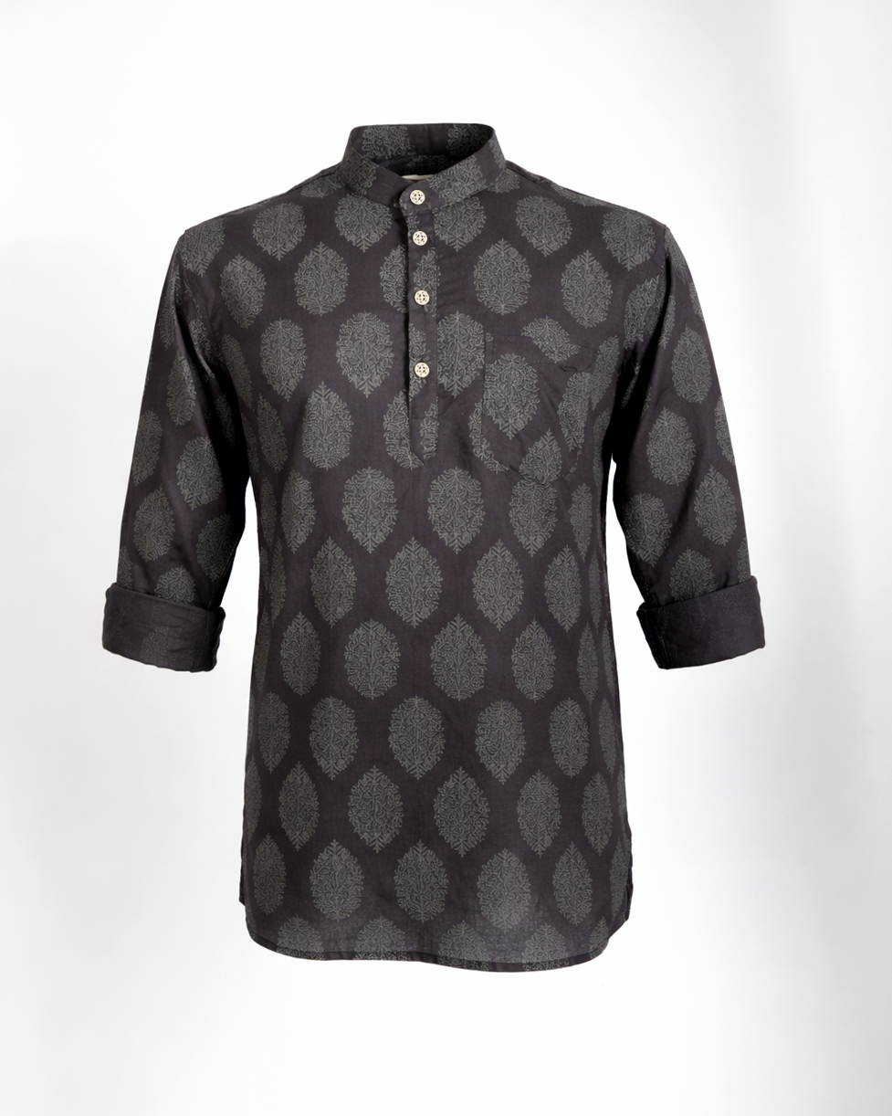 Midnight Noir Printed Cotton Short Kurta - Faboriq