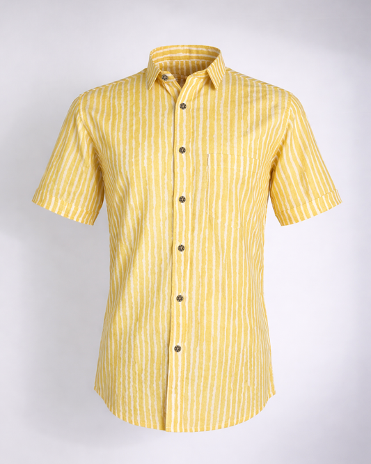 Sunlit Yellow Handcrafted Stripe Cotton Shirt - Faboriq
