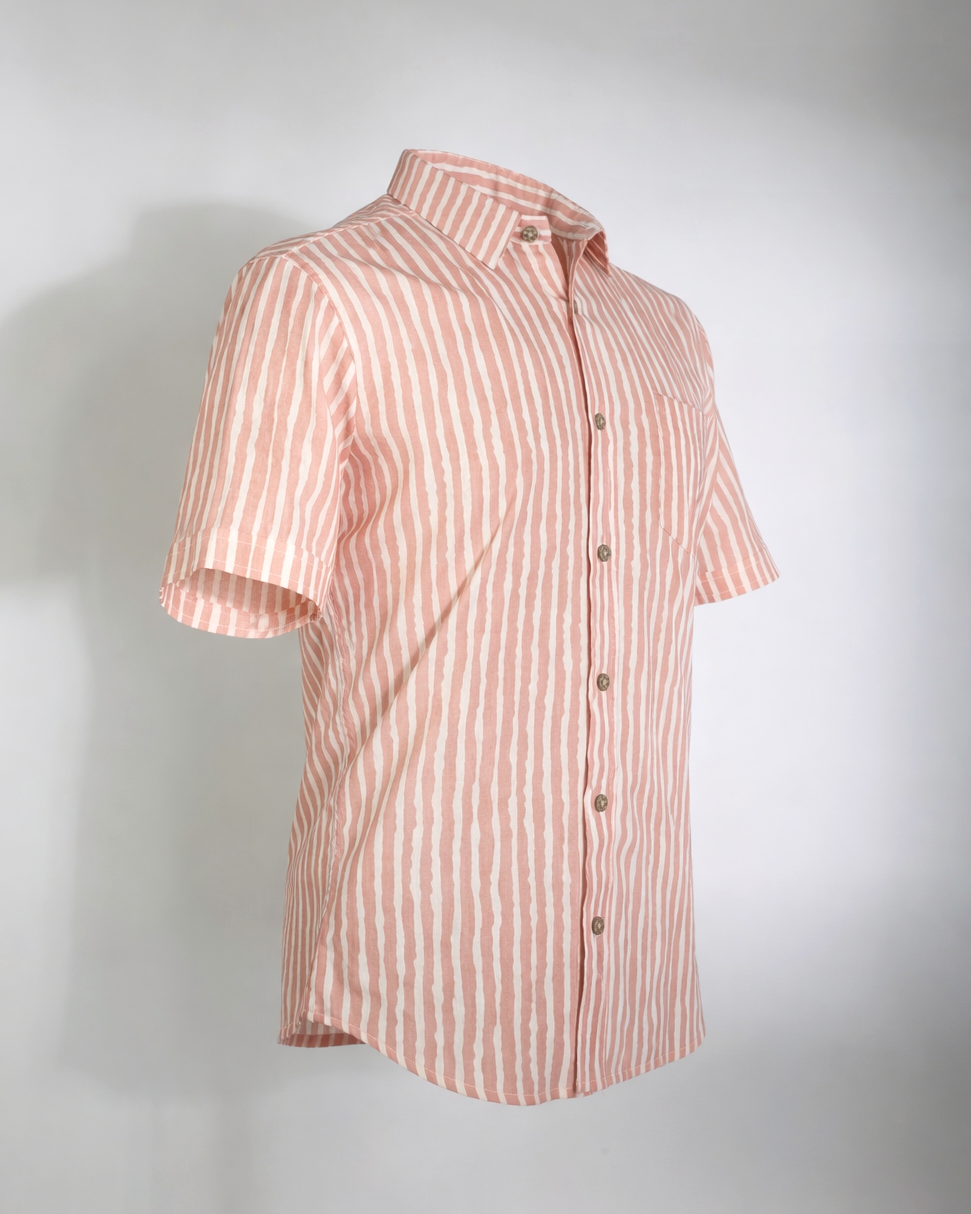Soft Peach Handcrafted Stripe Cotton Shirt - Faboriq