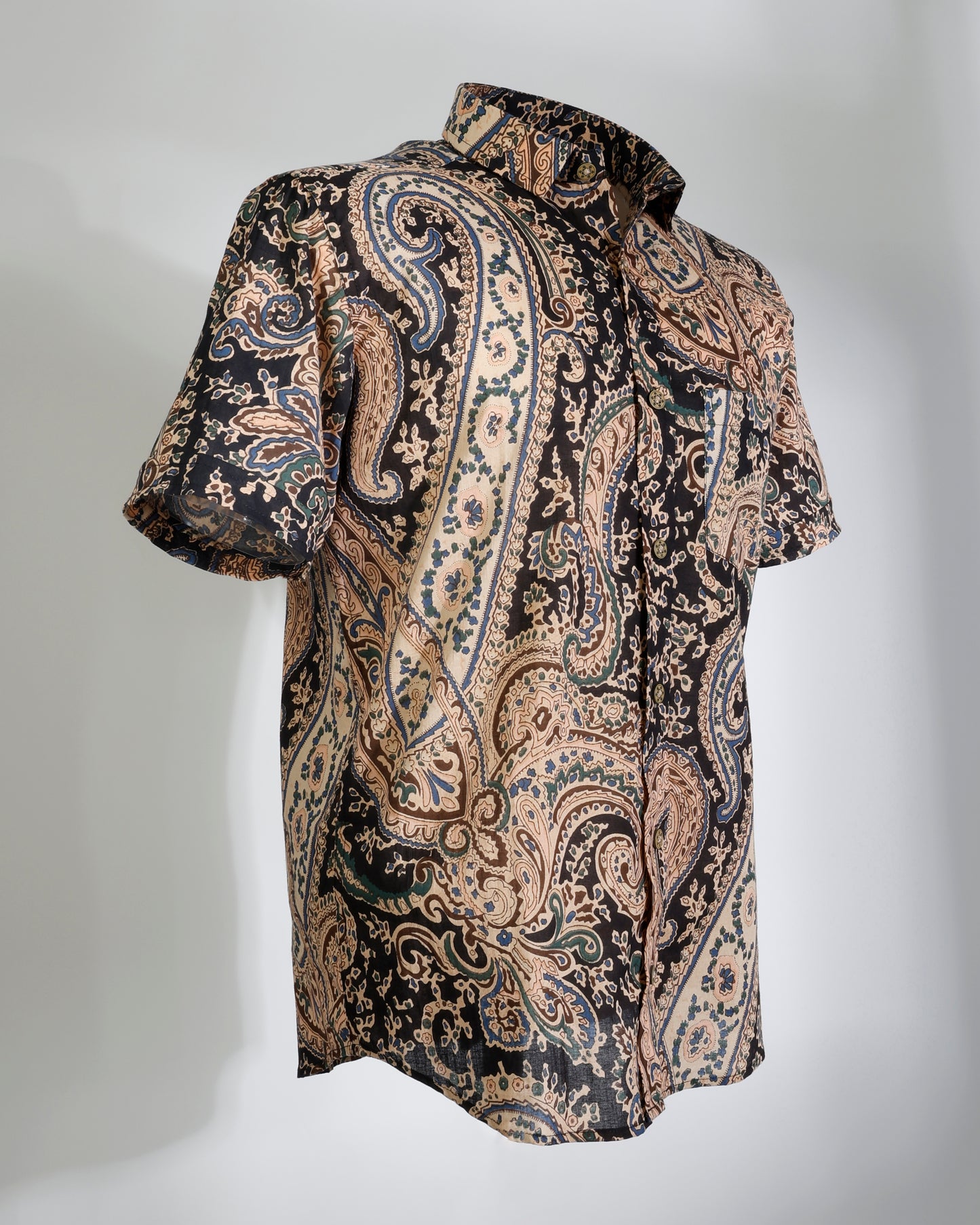 Paisley Cotton Shirt – Short Sleeve Black - Faboriq