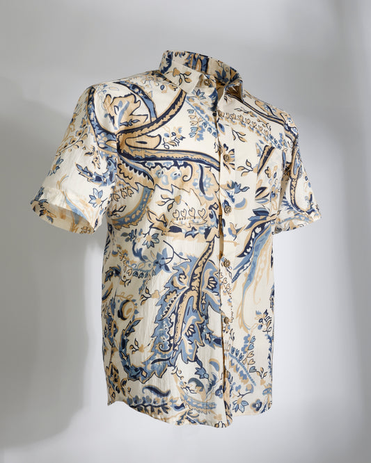 Blue & Beige Paisley - Printed Cotton Shirt - Faboriq
