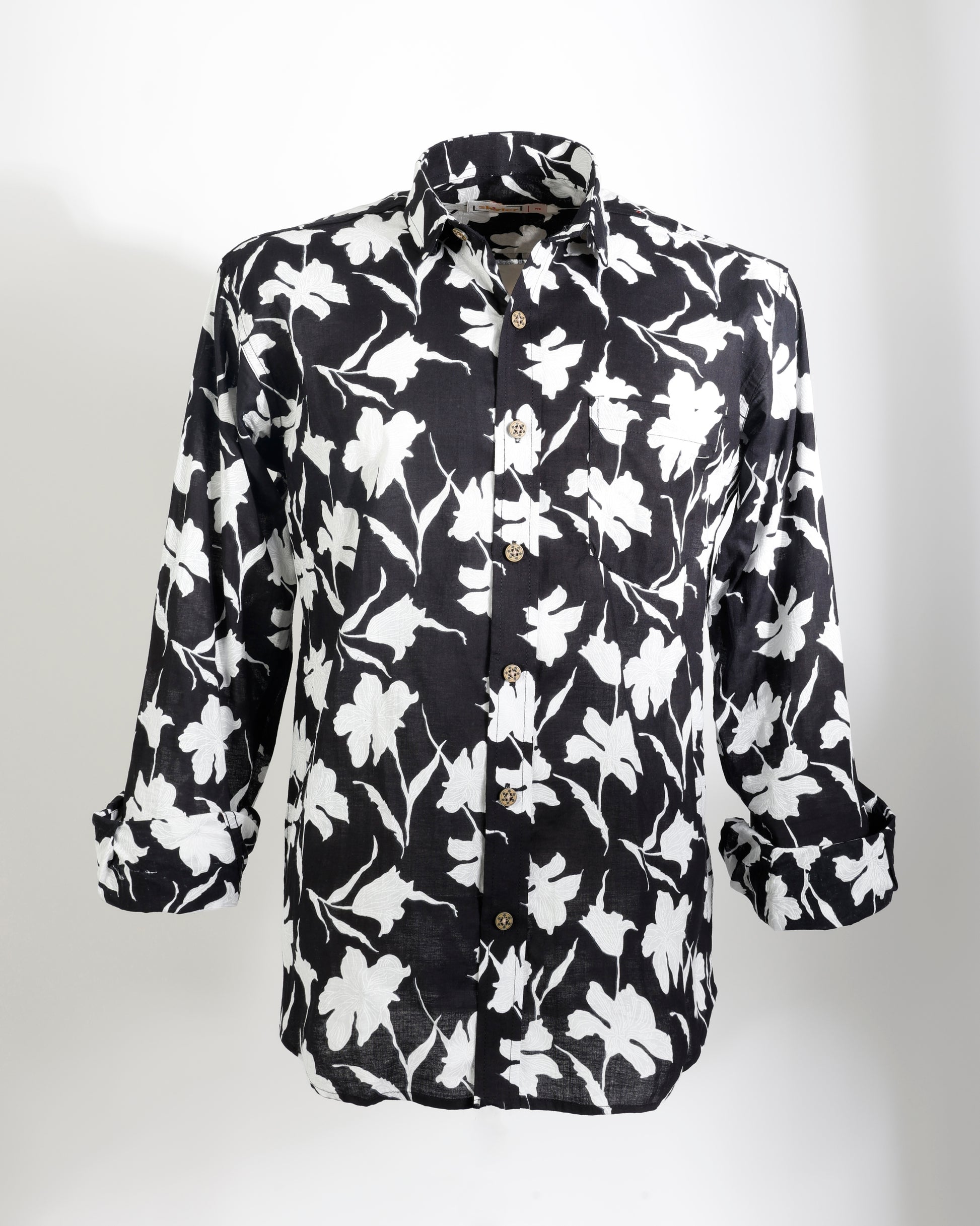Midnight Bloom – Black & White Floral Cotton Shirt - Faboriq