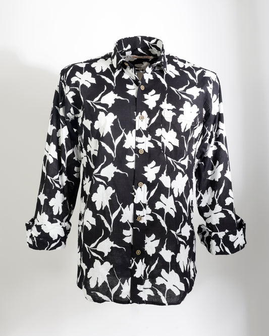 Midnight Bloom – Black & White Floral Cotton Shirt - Faboriq