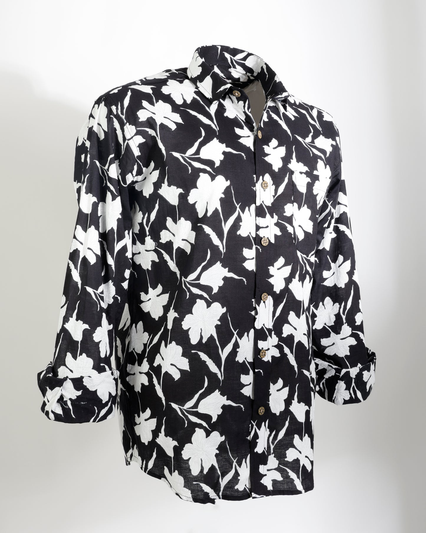 Midnight Bloom – Black & White Floral Cotton Shirt - Faboriq