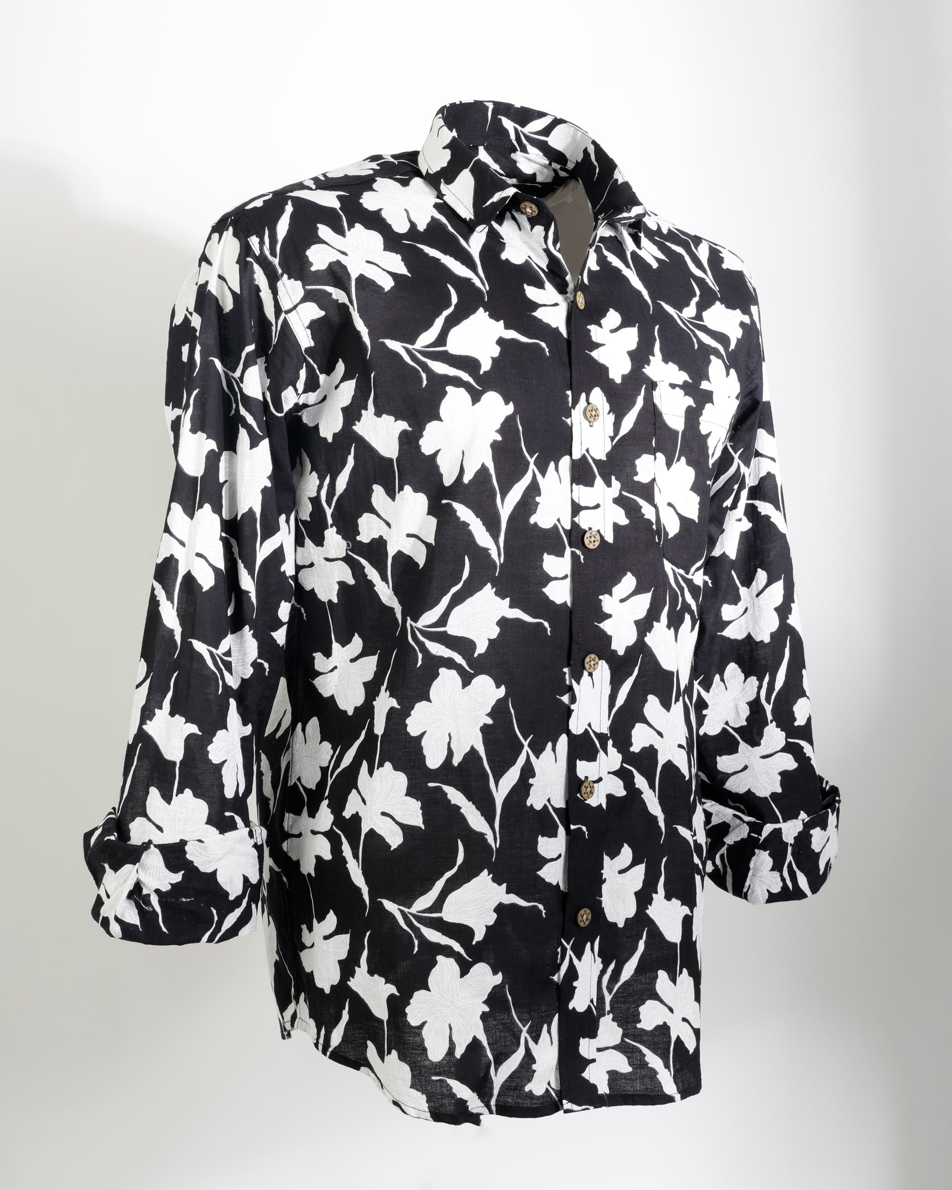 Midnight Bloom – Black & White Floral Cotton Shirt - Faboriq