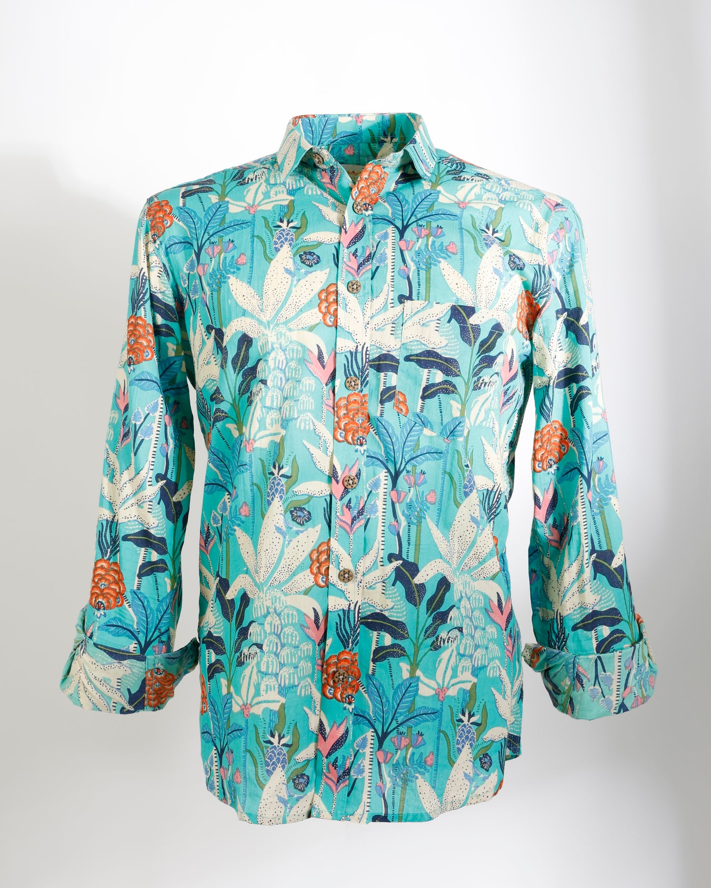 Tropical Reverie – Aqua Botanical Cotton Shirt - Faboriq