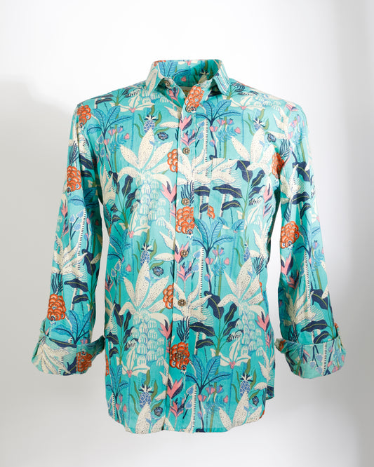 Tropical Reverie – Aqua Botanical Cotton Shirt - Faboriq