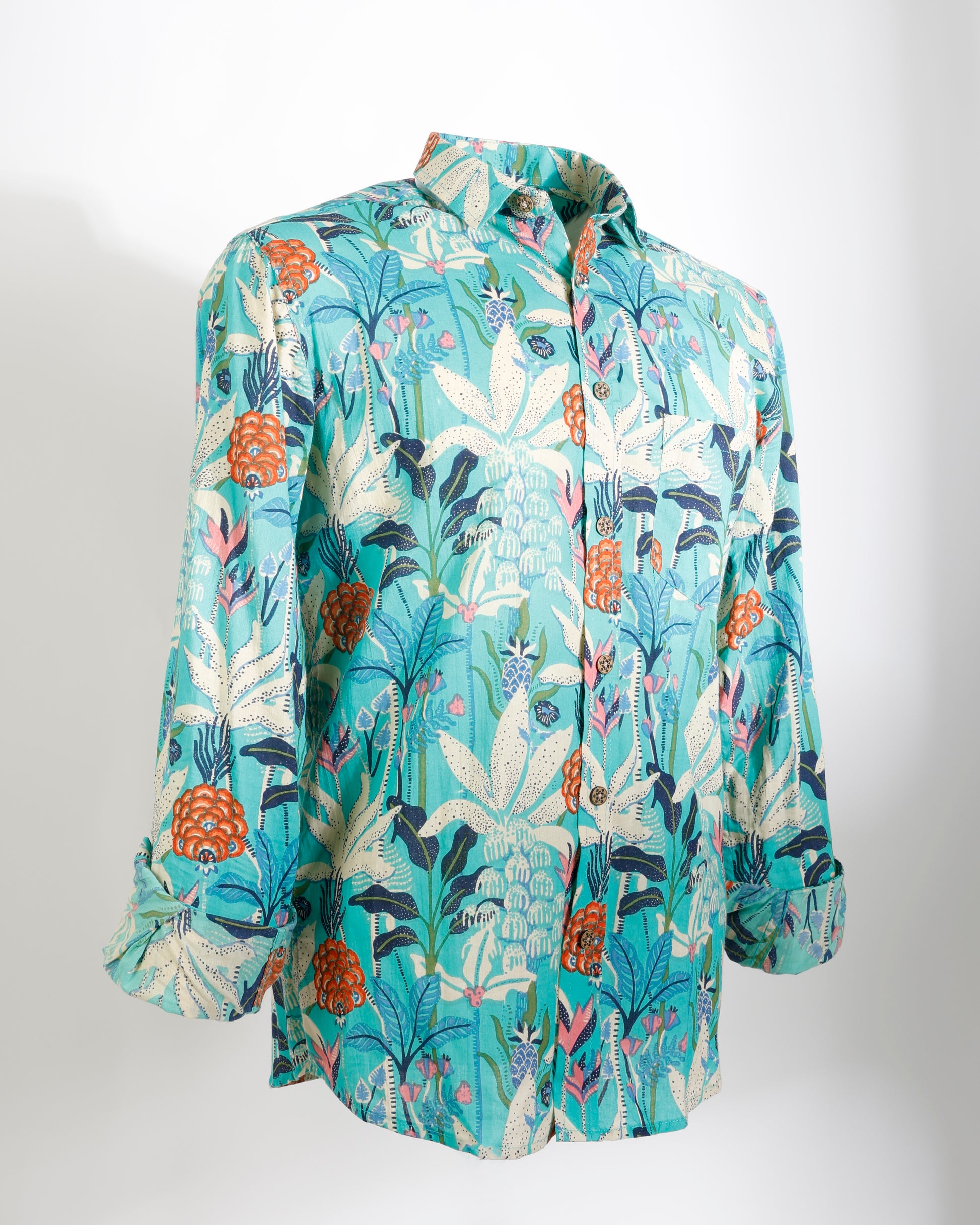 Tropical Reverie – Aqua Botanical Cotton Shirt - Faboriq