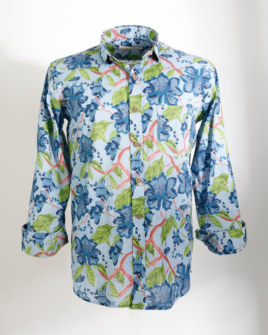 Azure Garden – Floral Cotton Shirt - Faboriq