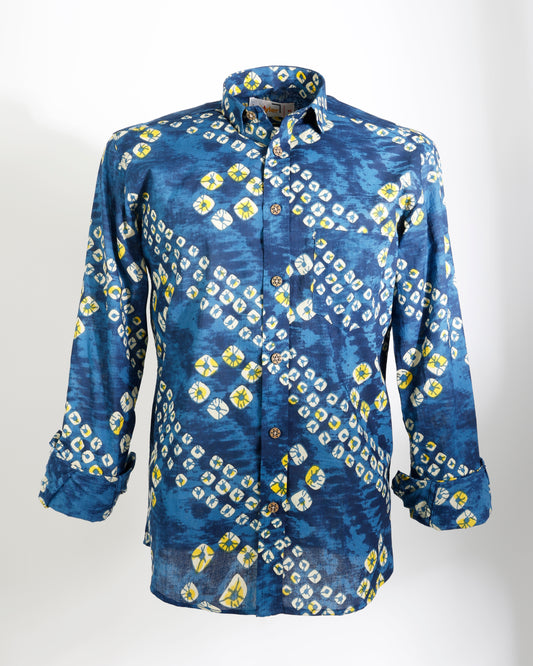 Indigo Mosaic – Handcrafted Motif Cotton Shirt - Faboriq