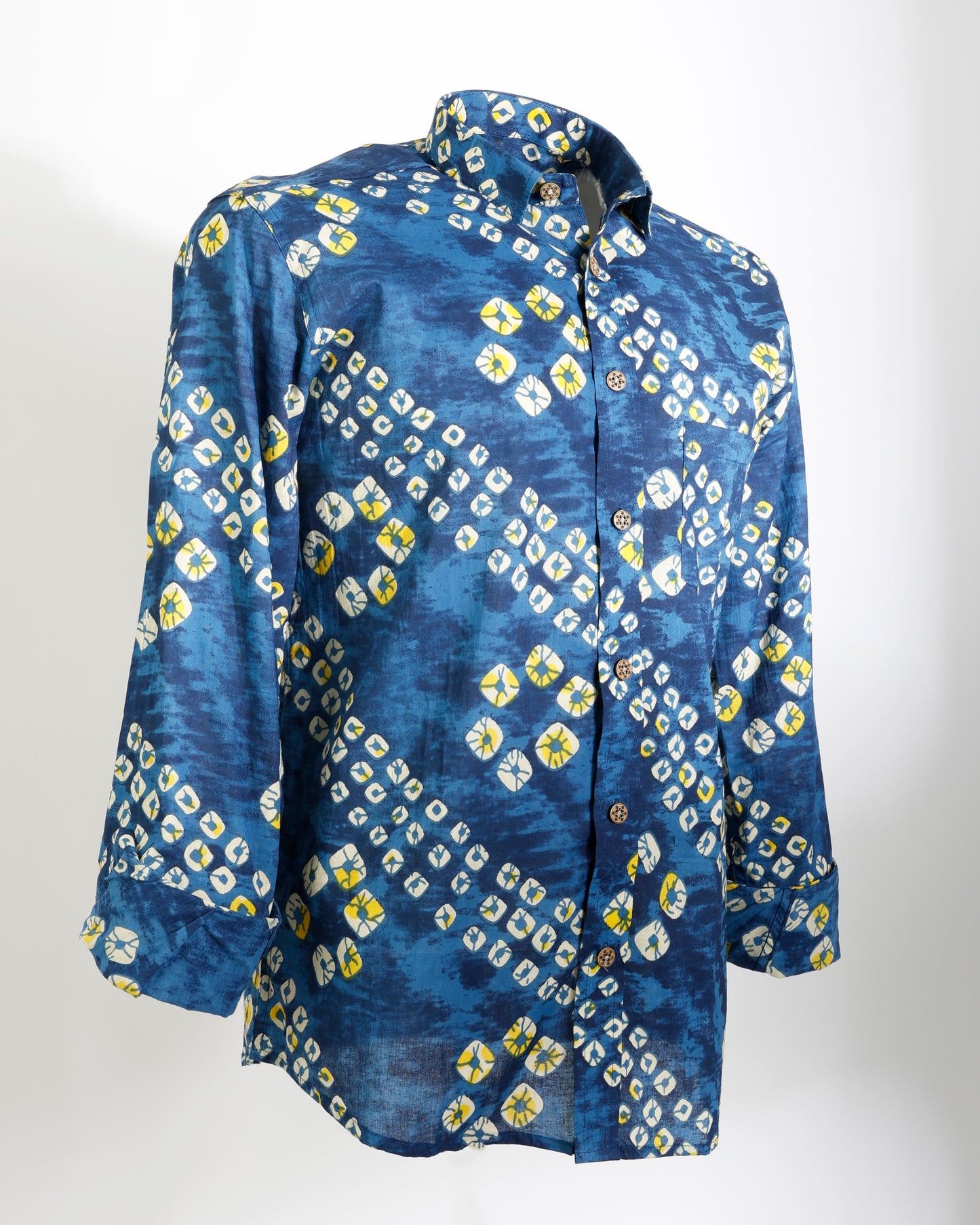 Indigo Mosaic – Handcrafted Motif Cotton Shirt - Faboriq