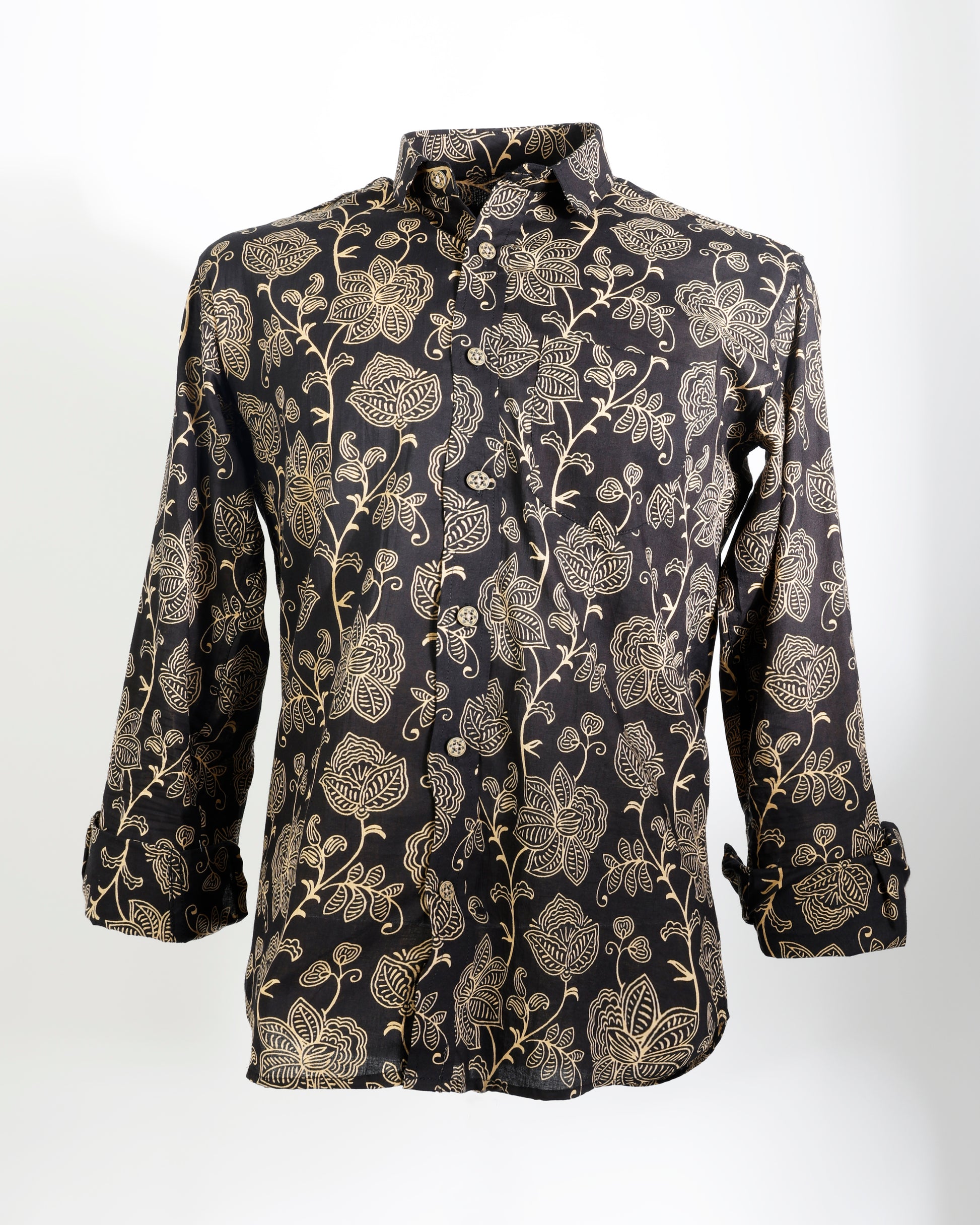 Noir Bloom – Floral Line Art Cotton Shirt - Faboriq