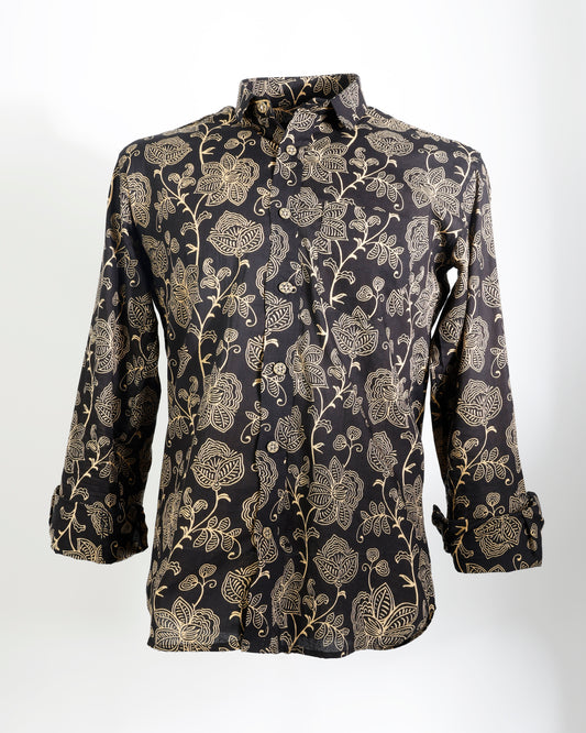 Noir Bloom – Floral Line Art Cotton Shirt - Faboriq