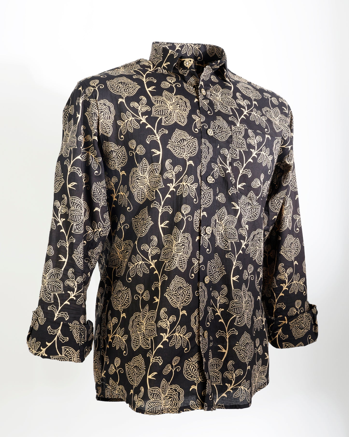 Noir Bloom – Floral Line Art Cotton Shirt - Faboriq