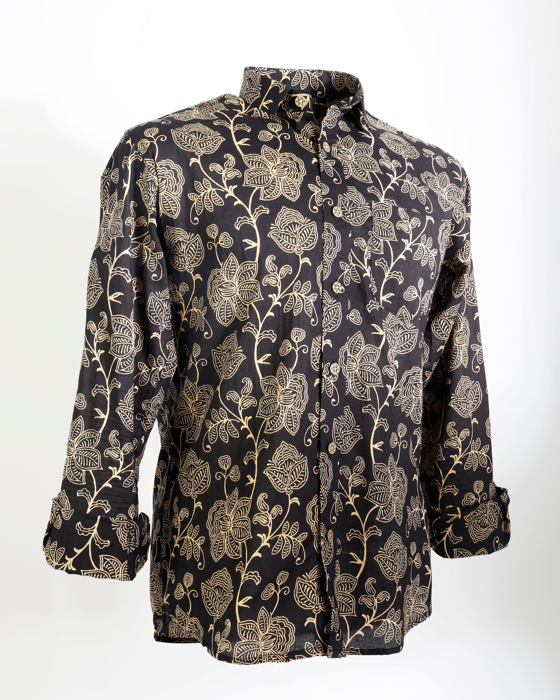 Noir Bloom – Floral Line Art Cotton Shirt - Faboriq
