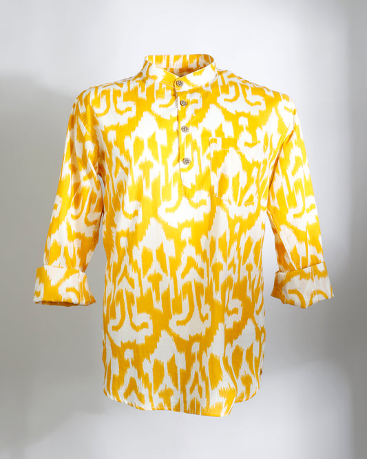 Golden Ikat – Mustard Yellow Cotton Short Kurta - Faboriq
