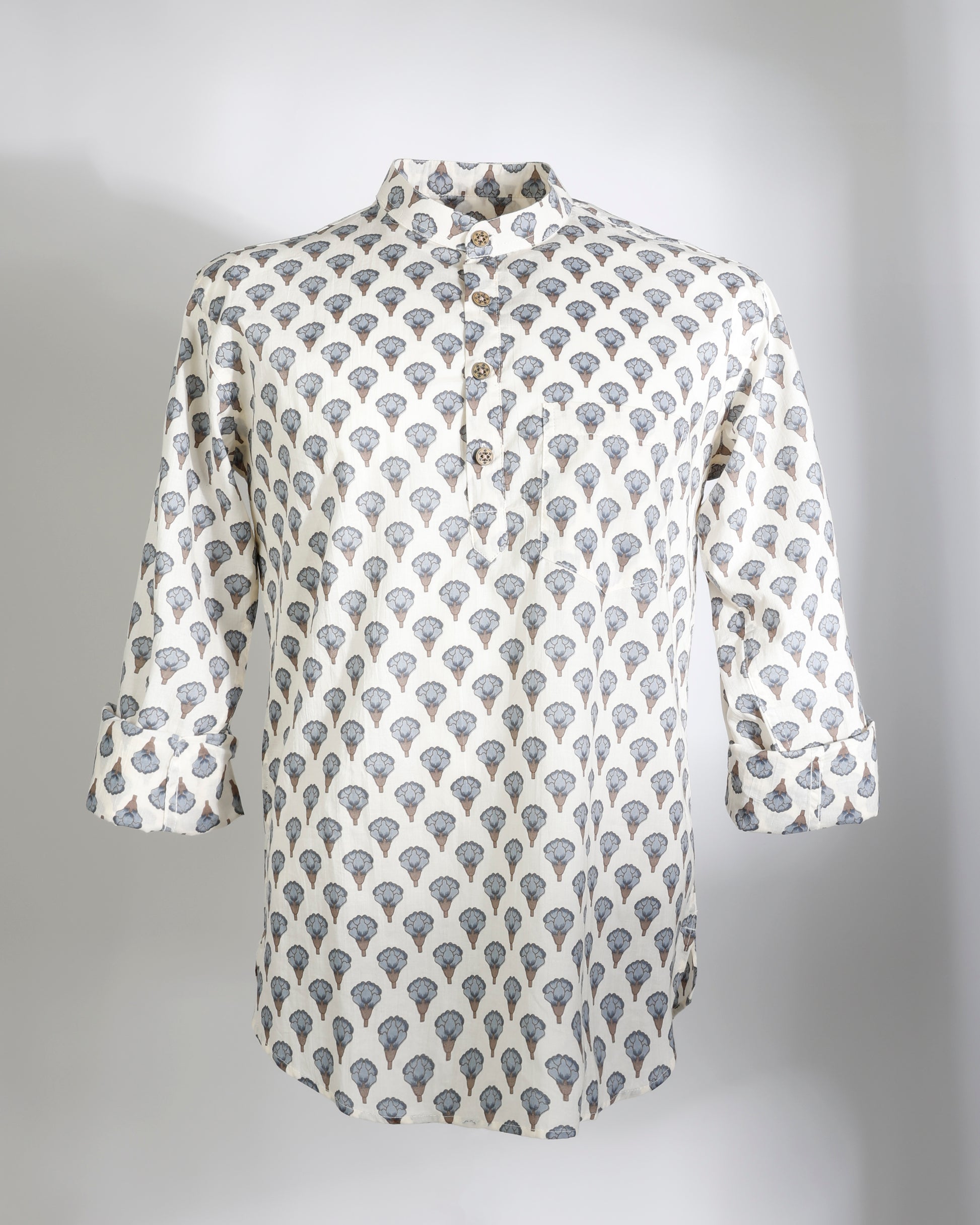 Faboriq Handblock Motif Print Short Kurta – Ivory Blue - Faboriq