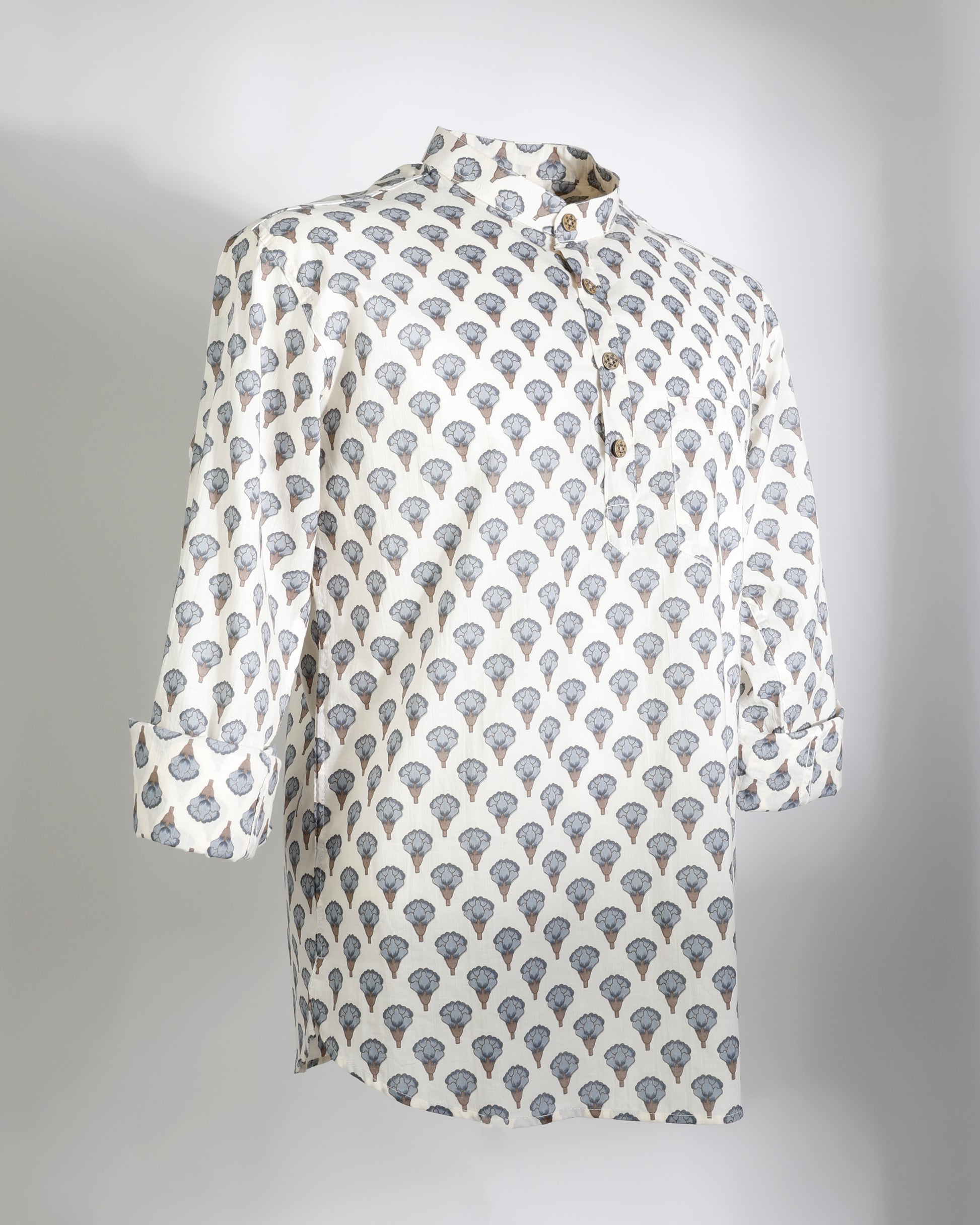 Faboriq Handblock Motif Print Short Kurta – Ivory Blue - Faboriq