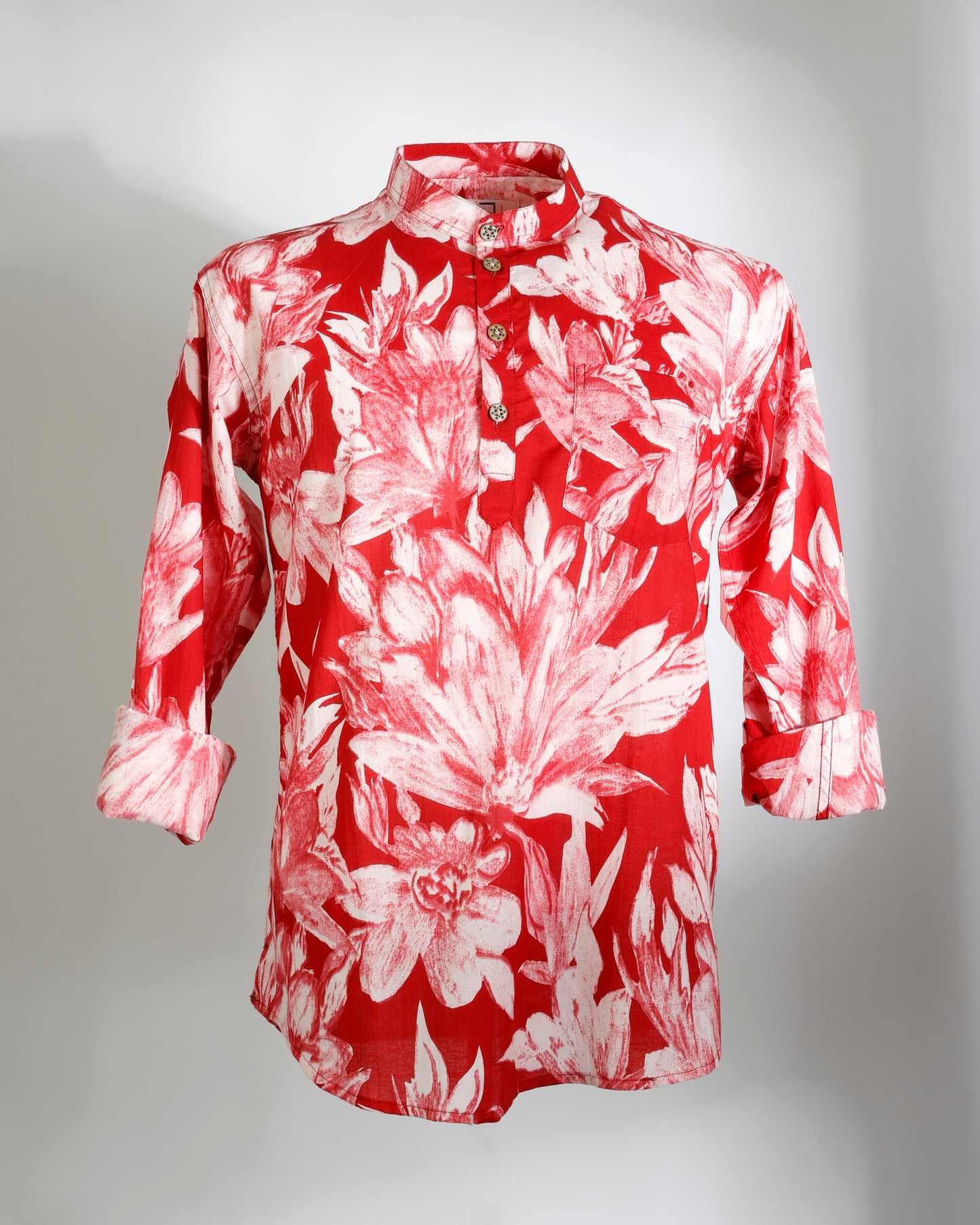 Red Floral Cotton Cambric Short Kurta for Men - Faboriq