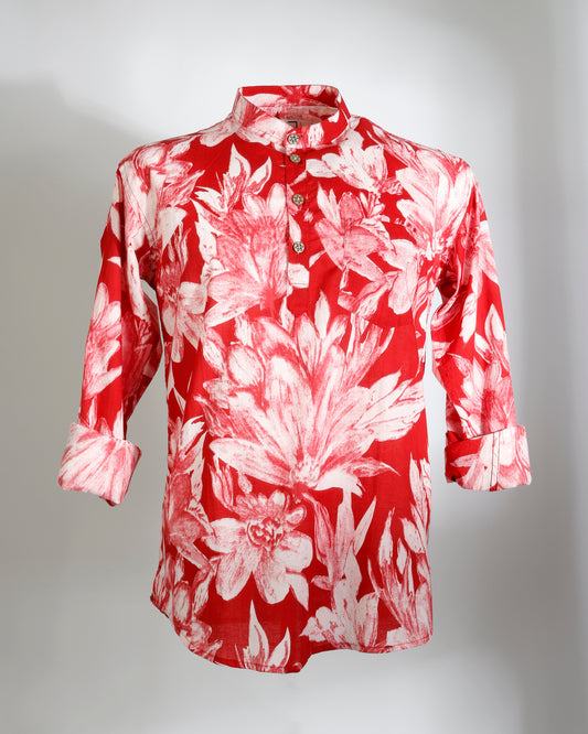 Red Floral Cotton Cambric Short Kurta for Men - Faboriq