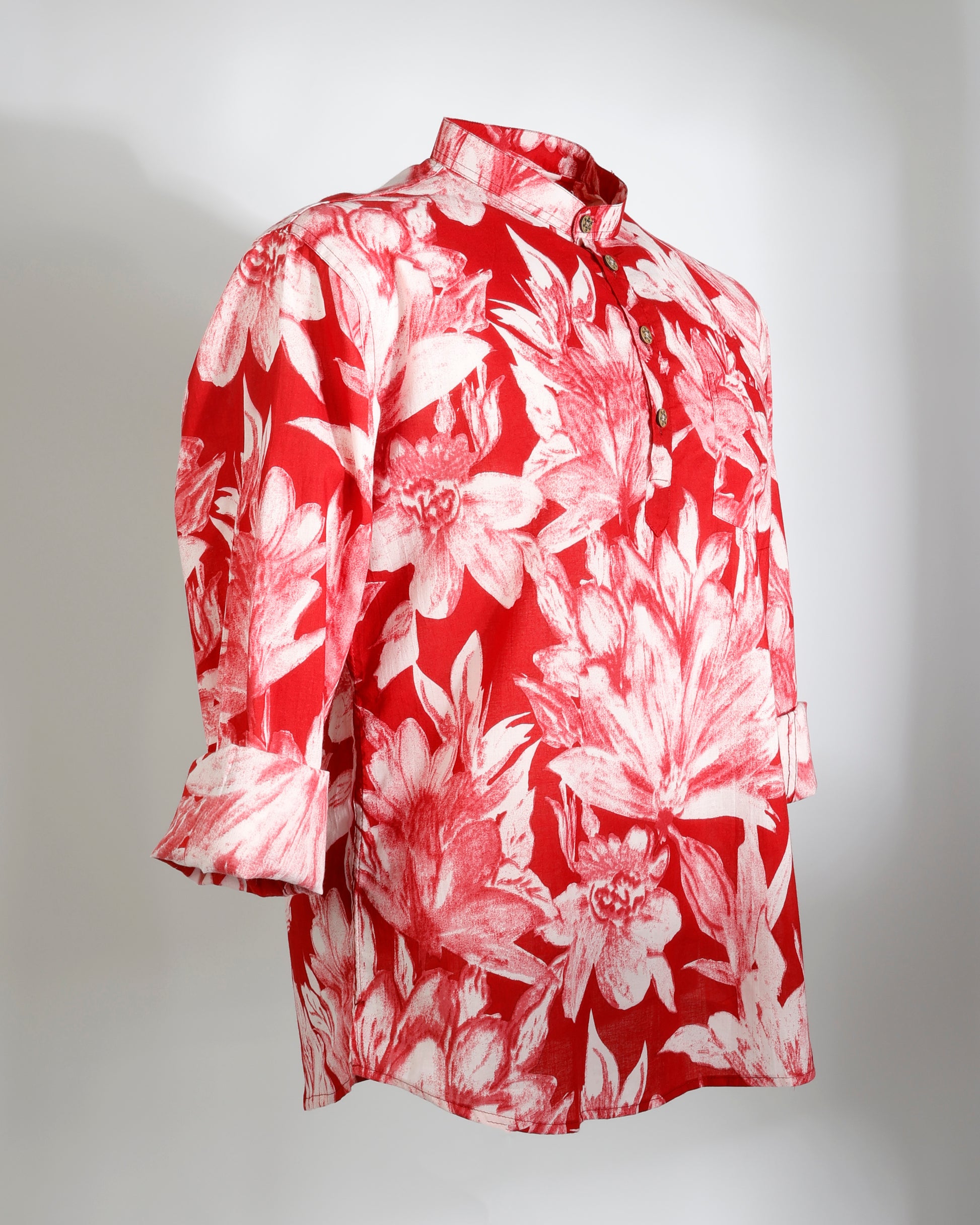 Red Floral Cotton Cambric Short Kurta for Men - Faboriq