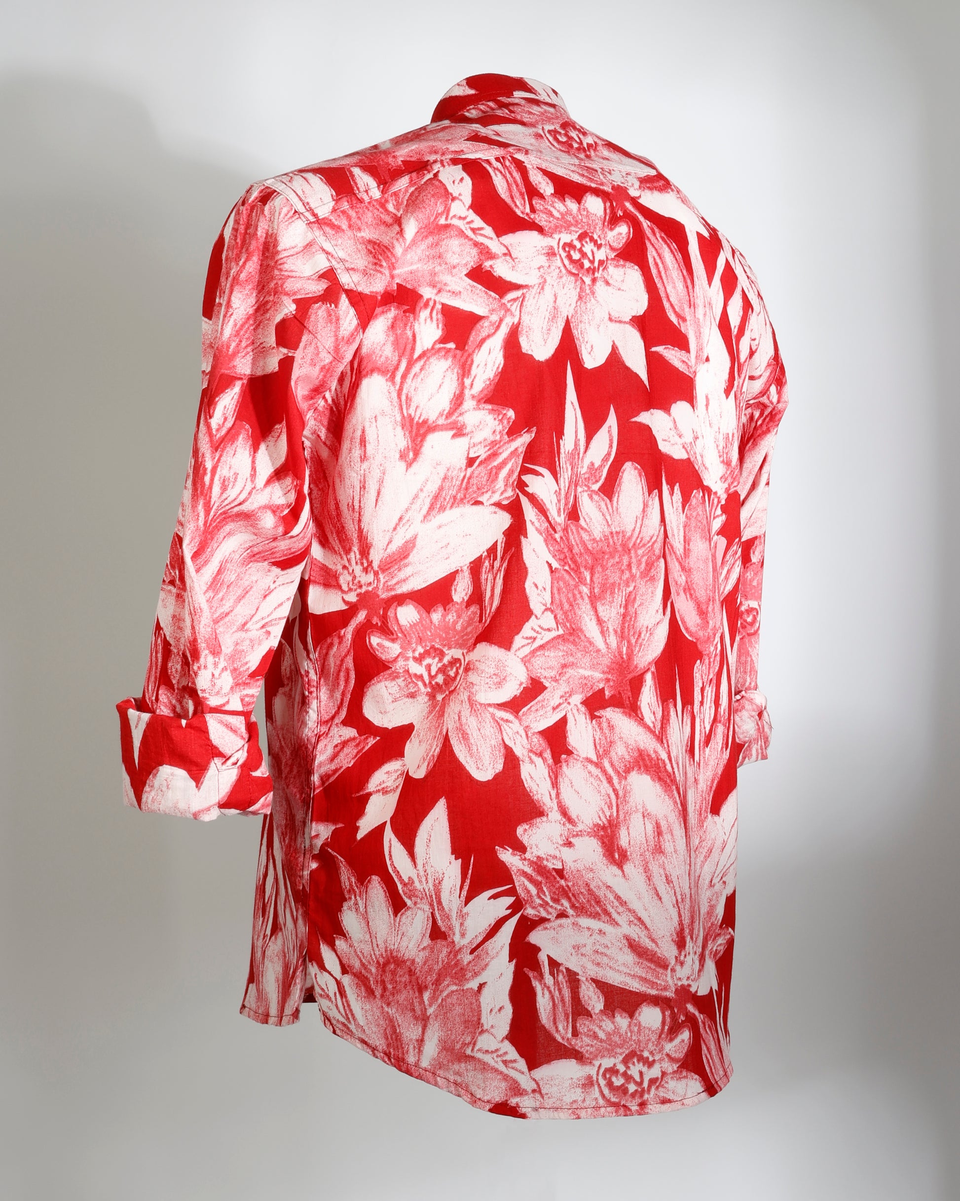 Red Floral Cotton Cambric Short Kurta for Men - Faboriq