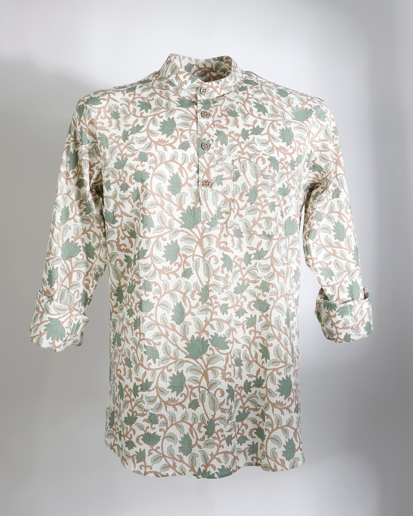 Ivory Leaf Print Cotton Cambric Short Kurta for Men - Faboriq