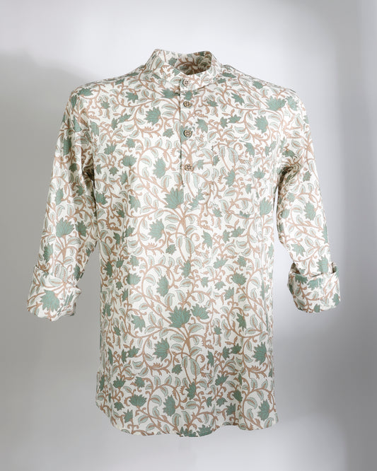 Ivory Leaf Print Cotton Cambric Short Kurta for Men - Faboriq