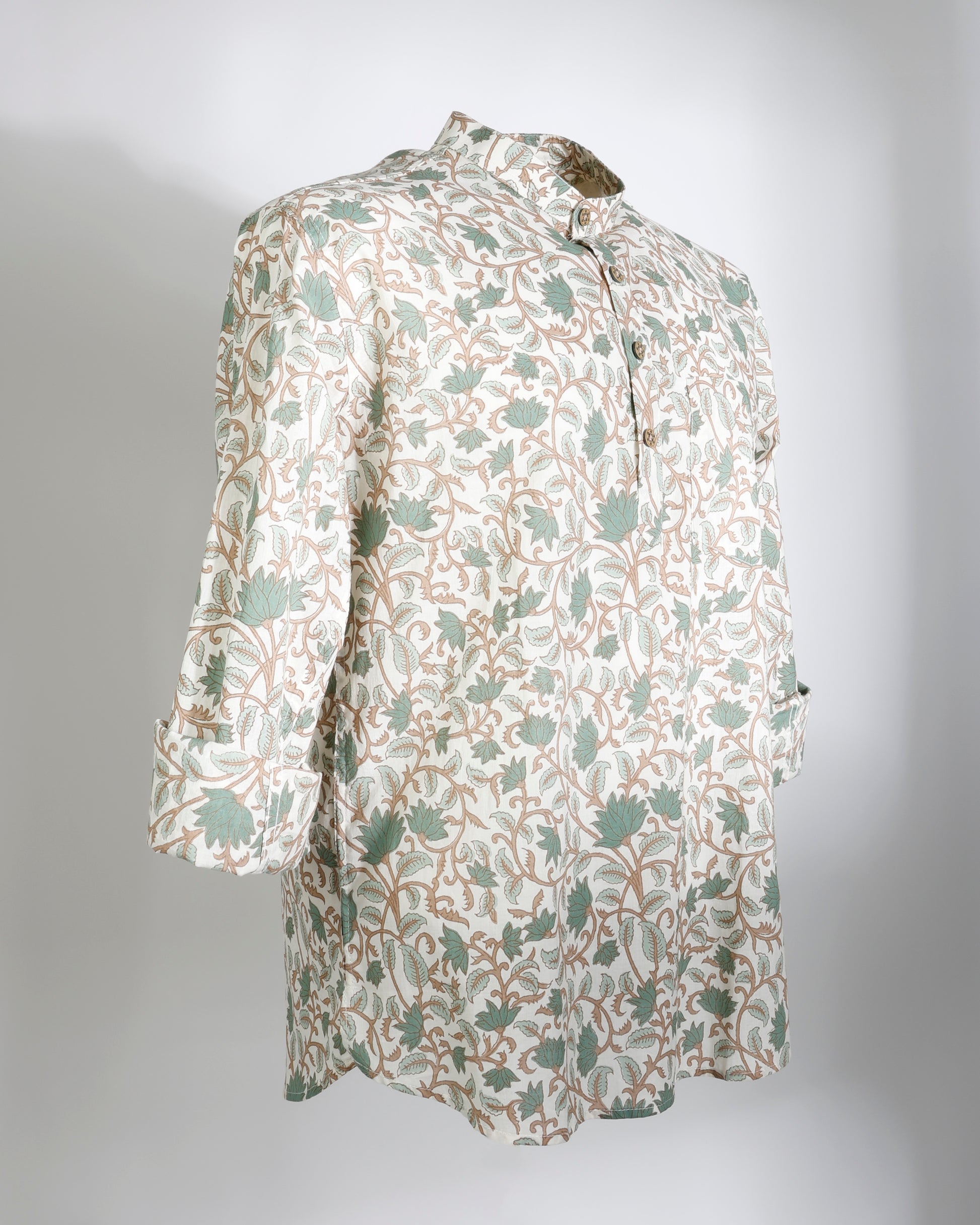 Ivory Leaf Print Cotton Cambric Short Kurta for Men - Faboriq