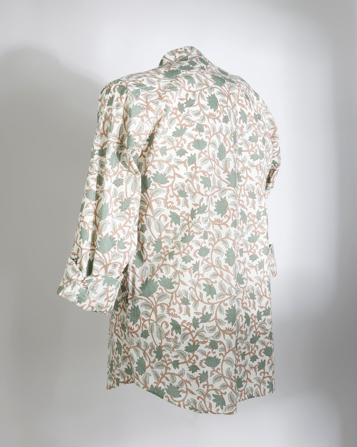 Ivory Leaf Print Cotton Cambric Short Kurta for Men - Faboriq