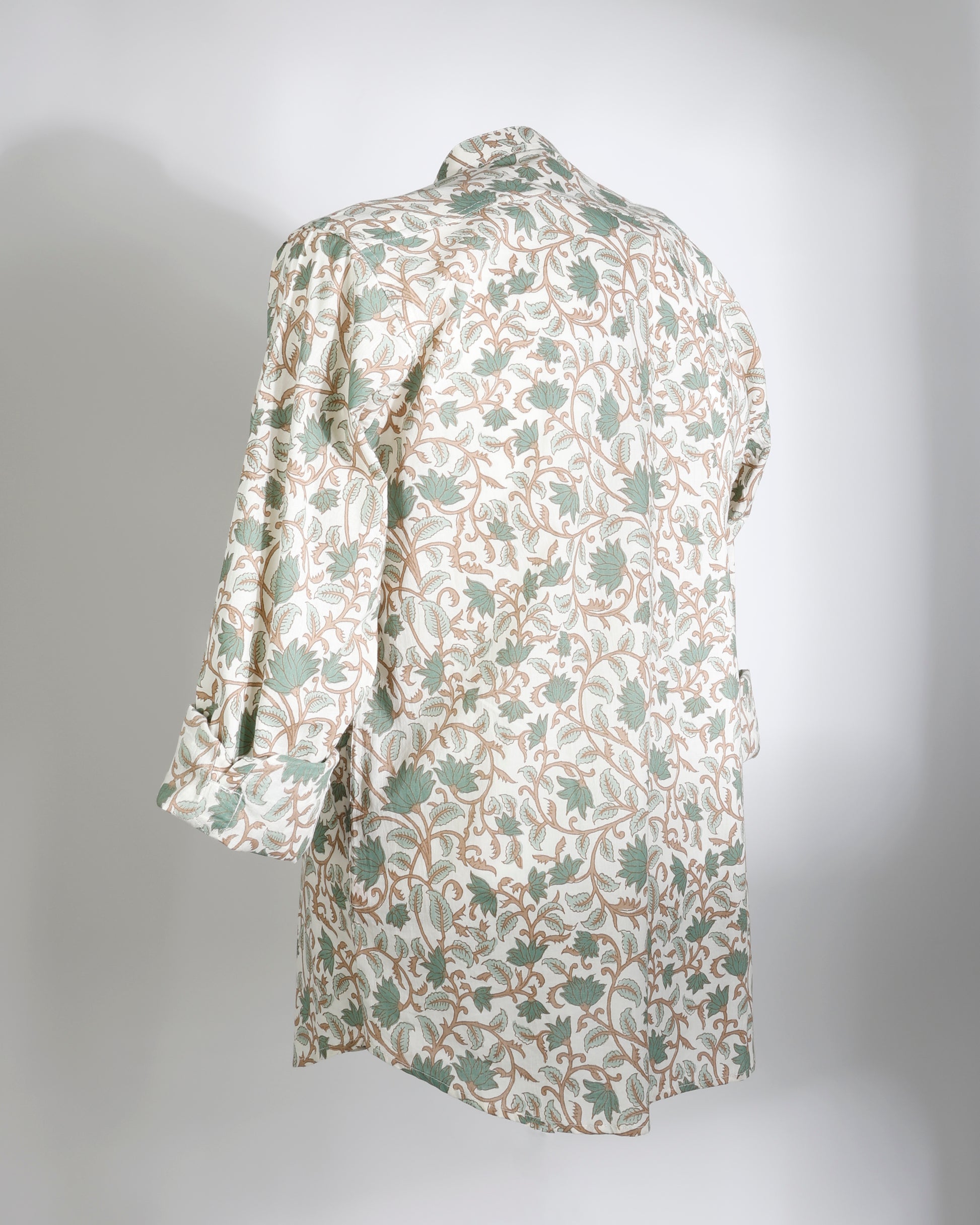 Ivory Leaf Print Cotton Cambric Short Kurta for Men - Faboriq