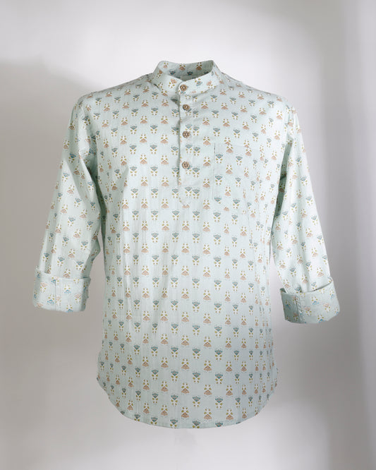 Mint Whisper – Handcrafted Print Cotton Short Kurta - Faboriq