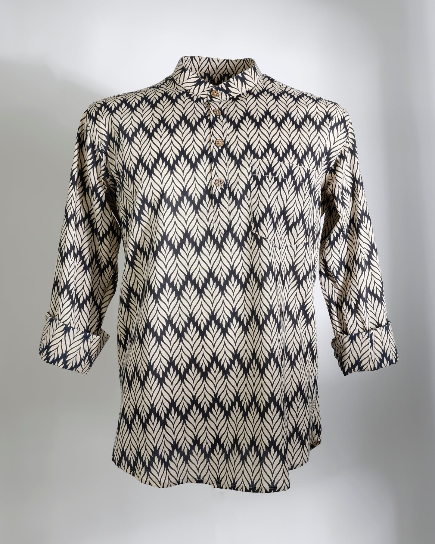 Black & Beige Leaf Print Cotton Short Kurta for Men - Faboriq