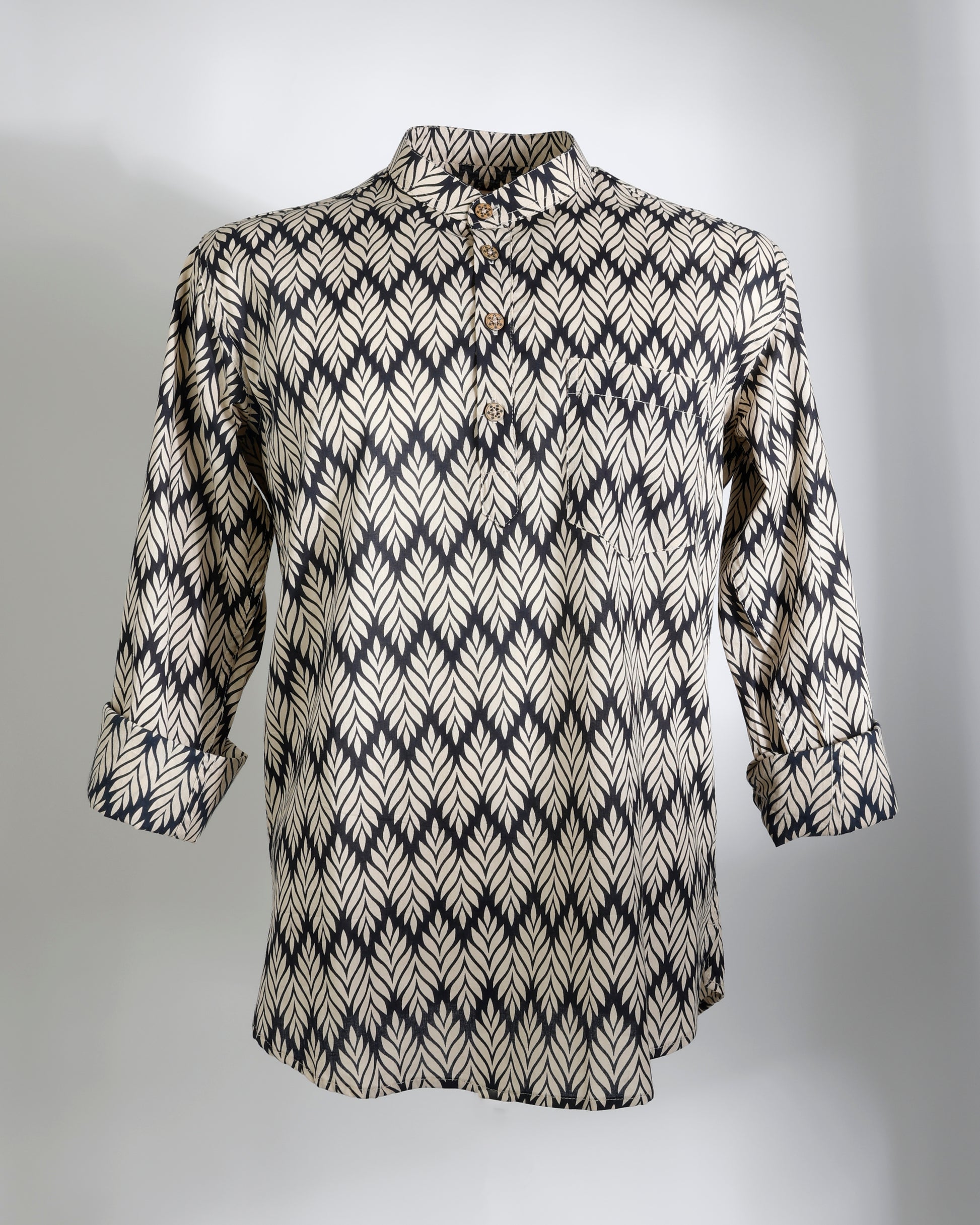 Black & Beige Leaf Print Cotton Short Kurta for Men - Faboriq