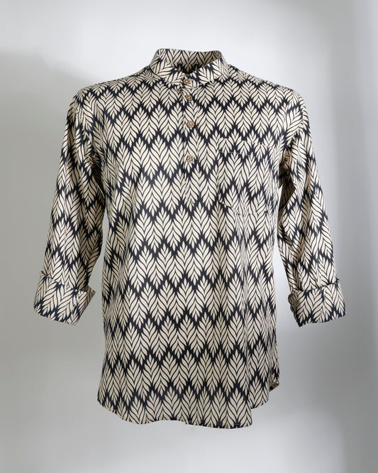 Black & Beige Leaf Print Cotton Short Kurta for Men - Faboriq