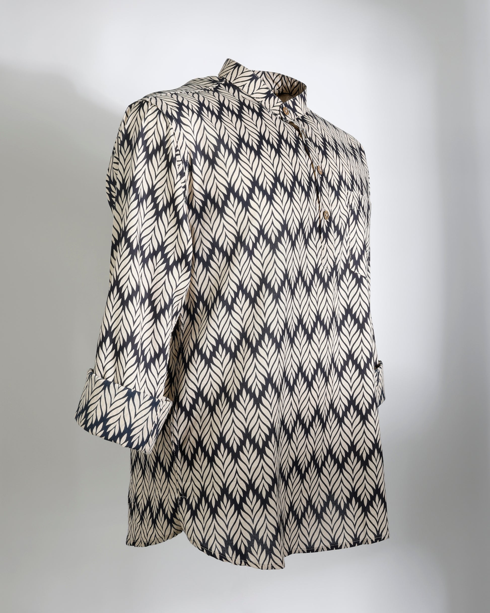 Black & Beige Leaf Print Cotton Short Kurta for Men - Faboriq