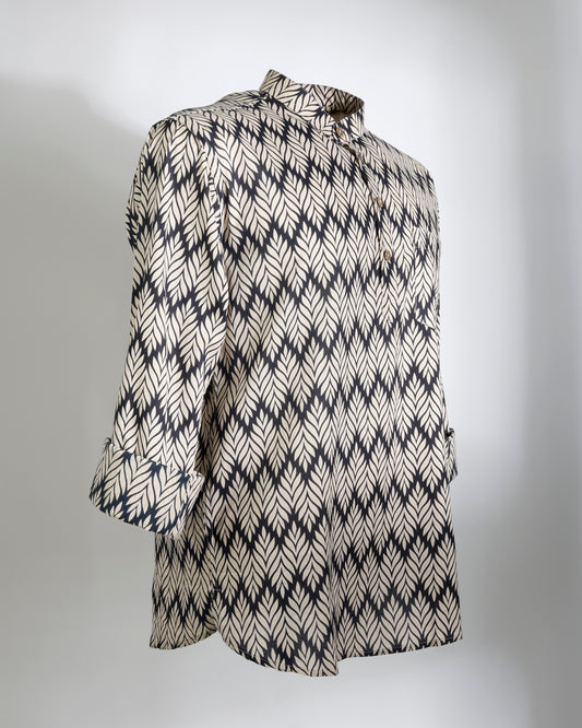 Black & Beige Leaf Print Cotton Short Kurta for Men - Faboriq